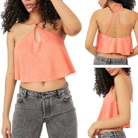 Free People Long Weekend Lightweight Linen Flowy Halter Top In Watermelon Large - Picture 1 of 6